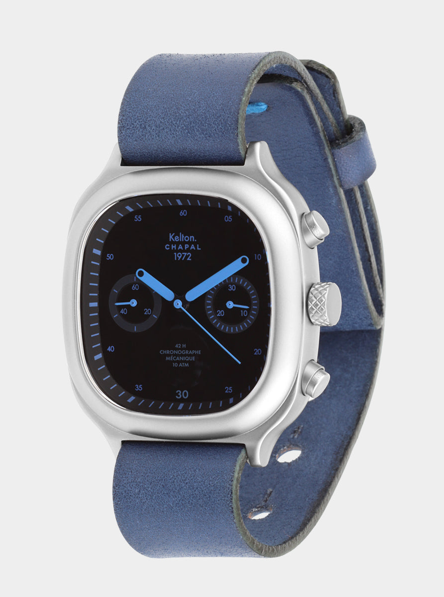 Image of Montre chronographe Kelton Chapal, bracelet bleu ciel, boîtier argent et cadran noir.