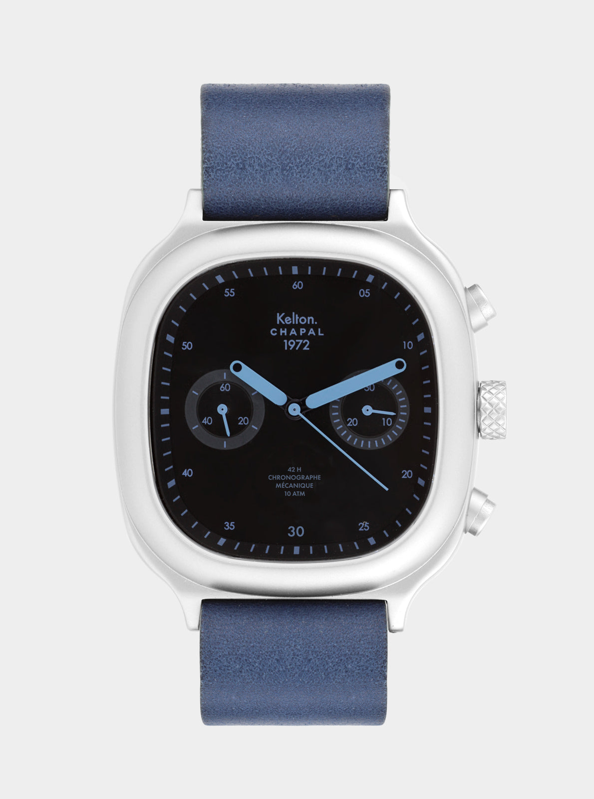 Image of Montre chronographe Kelton Chapal, bracelet bleu ciel et cadran noir à trois compteurs.