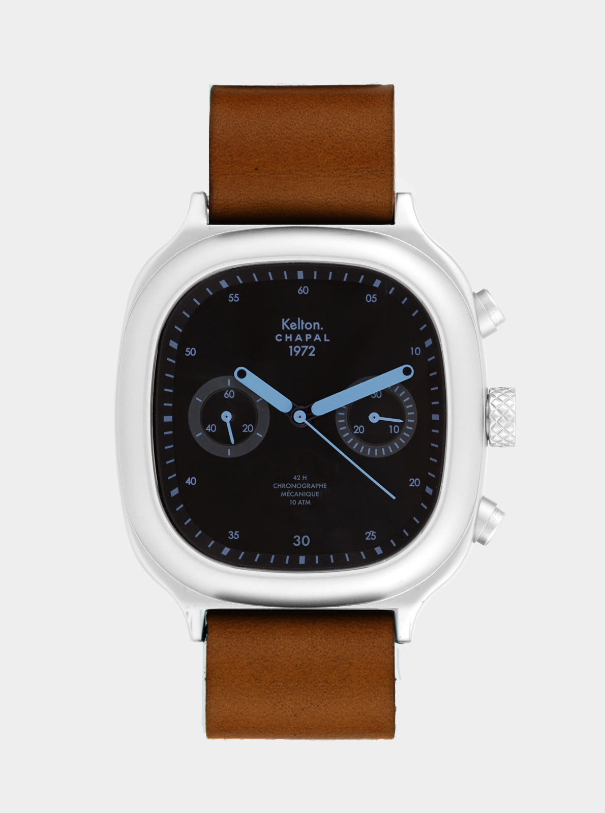 Image of Montre chronographe Kelton Chapal, bracelet brun et cadran noir à trois compteurs.
