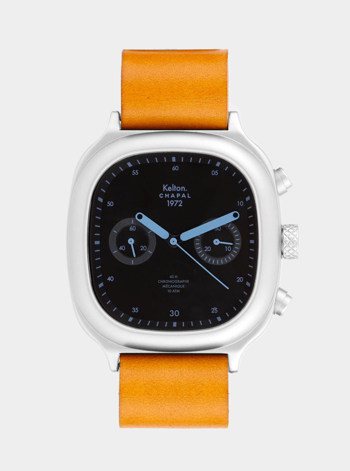 Image of Montre chronographe Kelton Chapal, bracelet orange et cadran noir à trois compteurs.