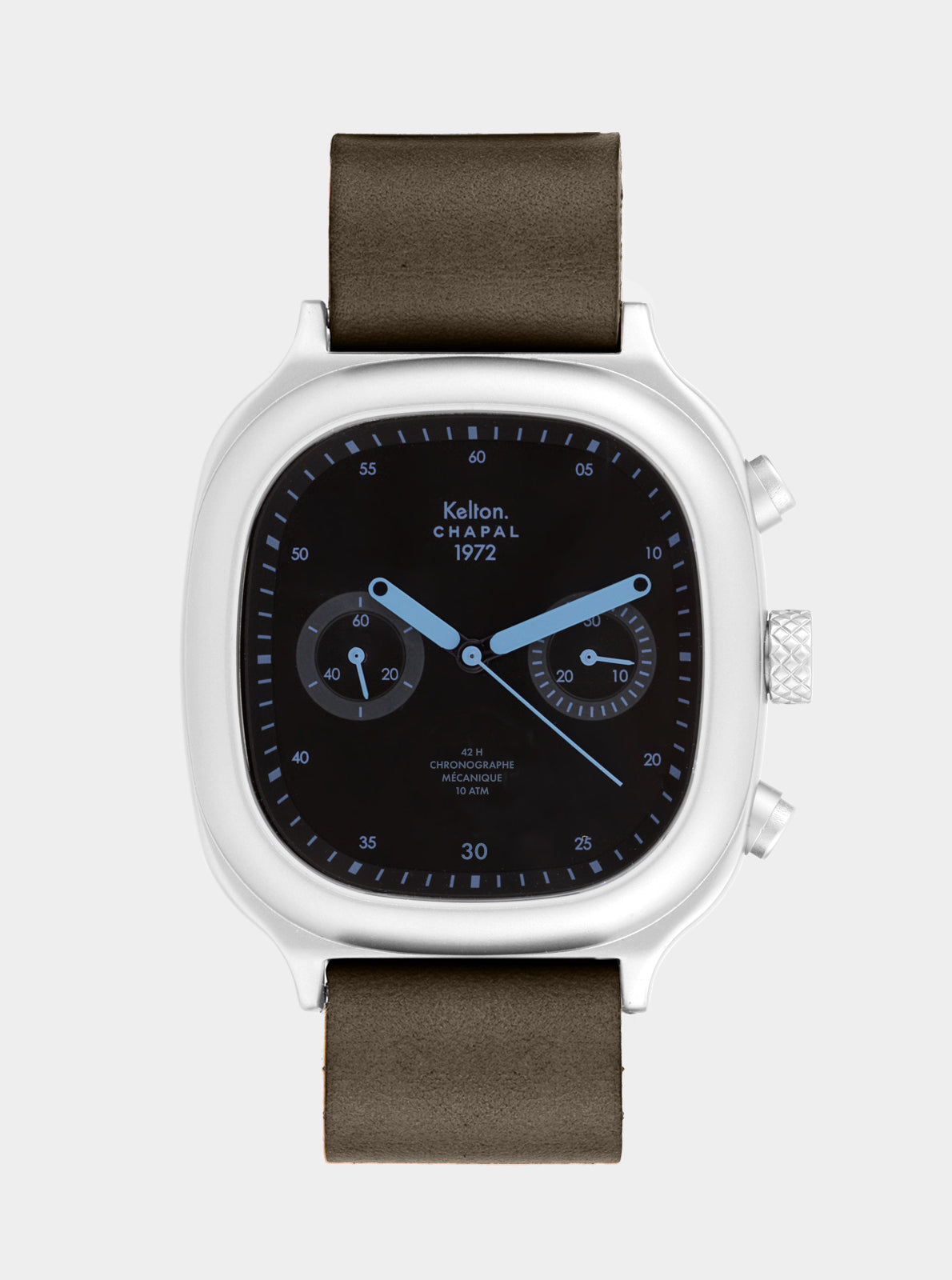 Image of Montre chronographe Kelton Chapal, bracelet taupe et cadran noir à trois compteurs.