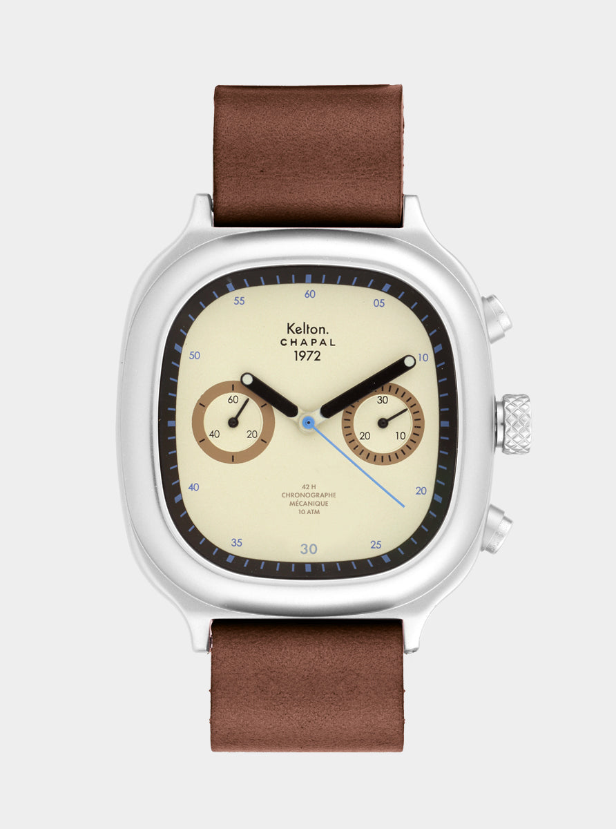 Image of Montre chronographe à cadran beige et bracelet cuir brun, boîtier argenté