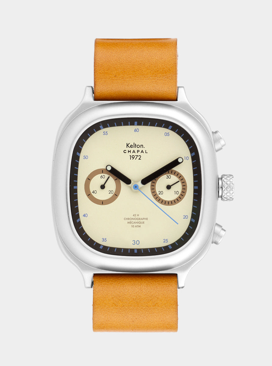 Image of Montre chronographe à cadran beige et bracelet cuir orange, boîtier argenté