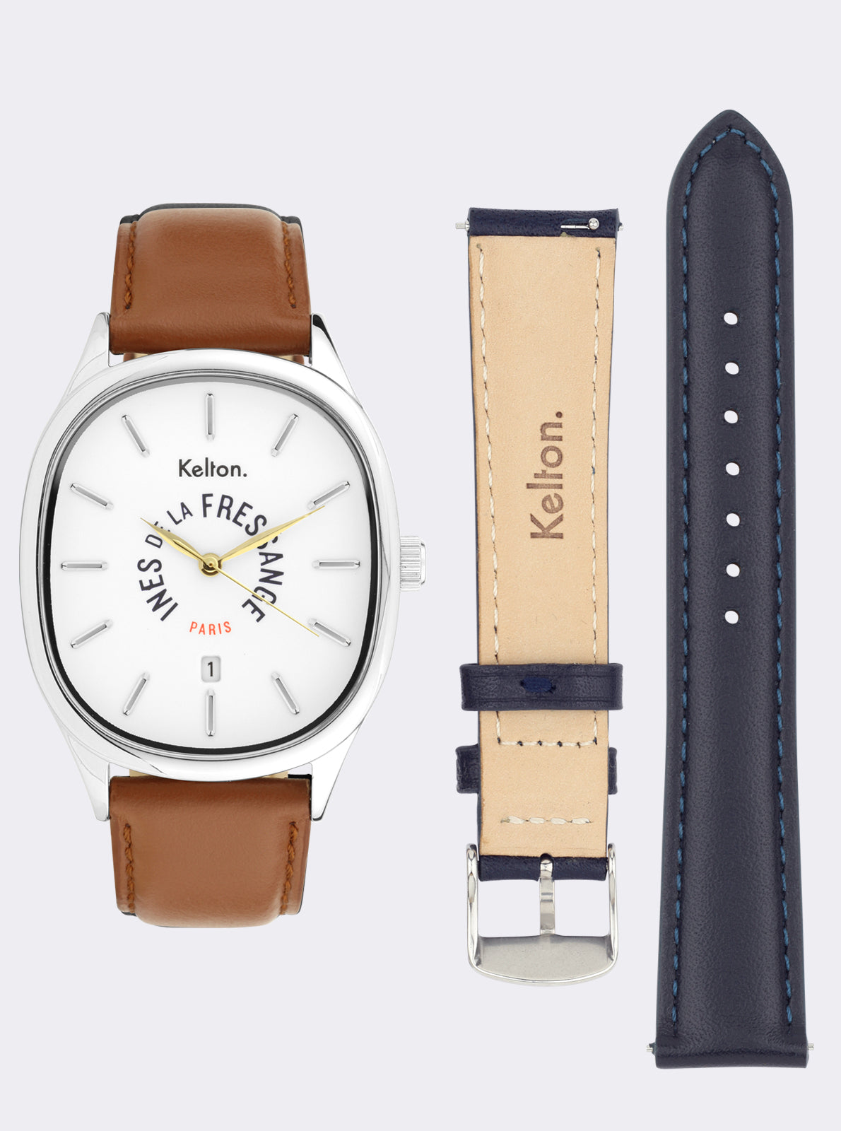 Image of Montre à cadran blanc avec bracelet cuir camel et bracelet bleu assorti