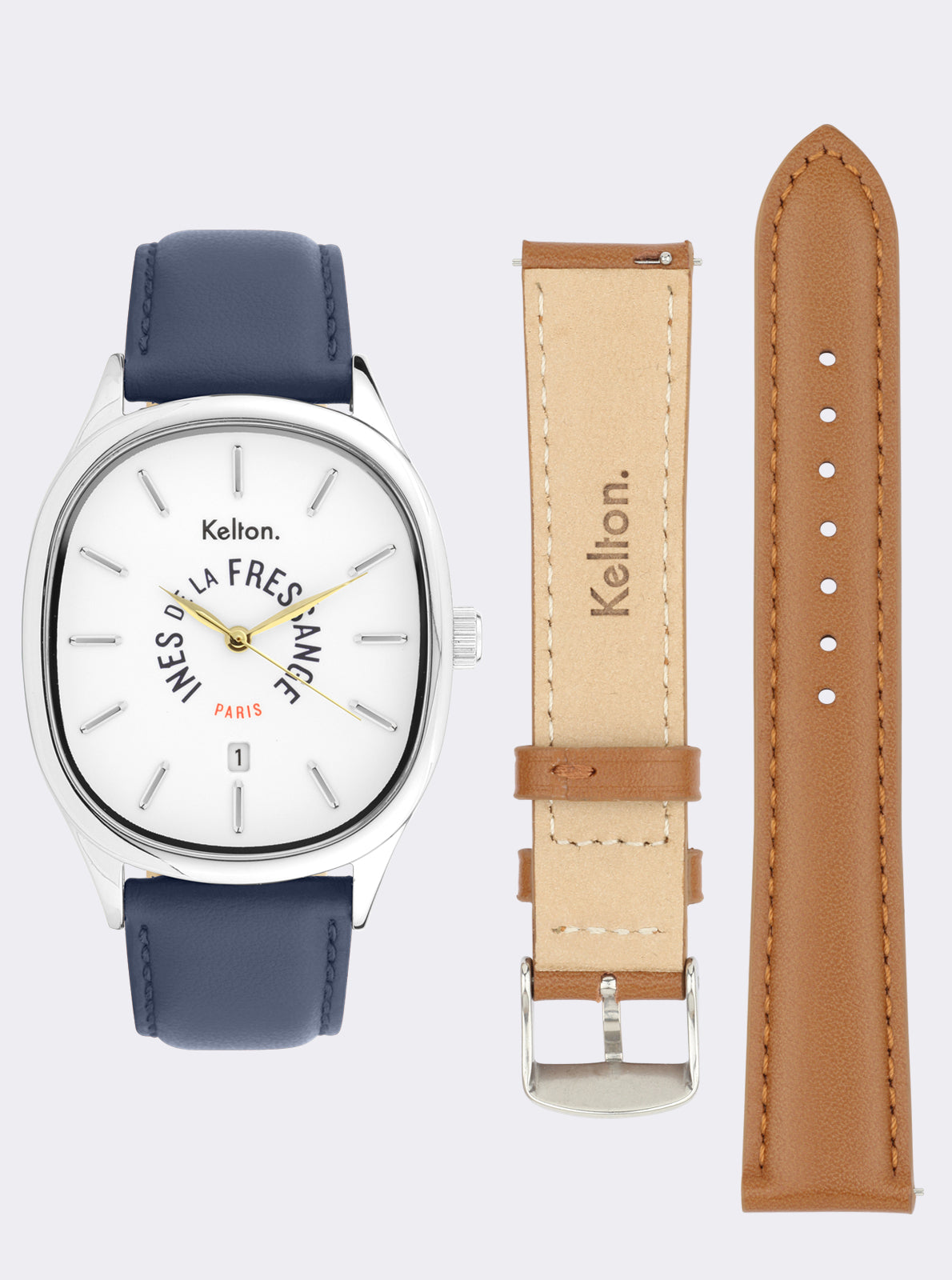 Image of Coffret montre Colorama: cadran blanc, bracelet cuir bleu et sangle marron