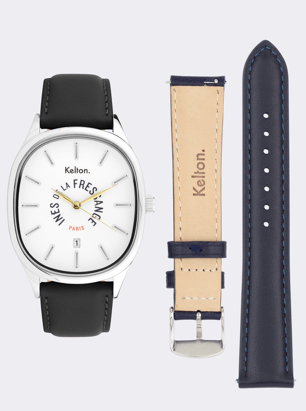 Image of Montre à cadran blanc, bracelet noir, et deux sangles dans un coffret.