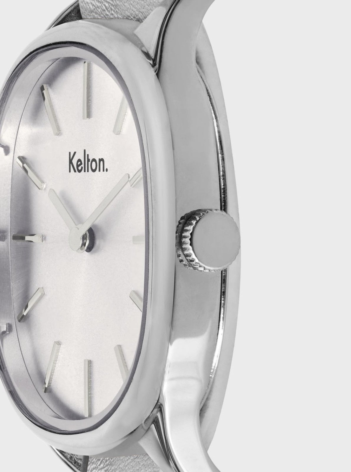 Image of Montre Kelton argent, cadran blanc et couronne latérale, vue de côté