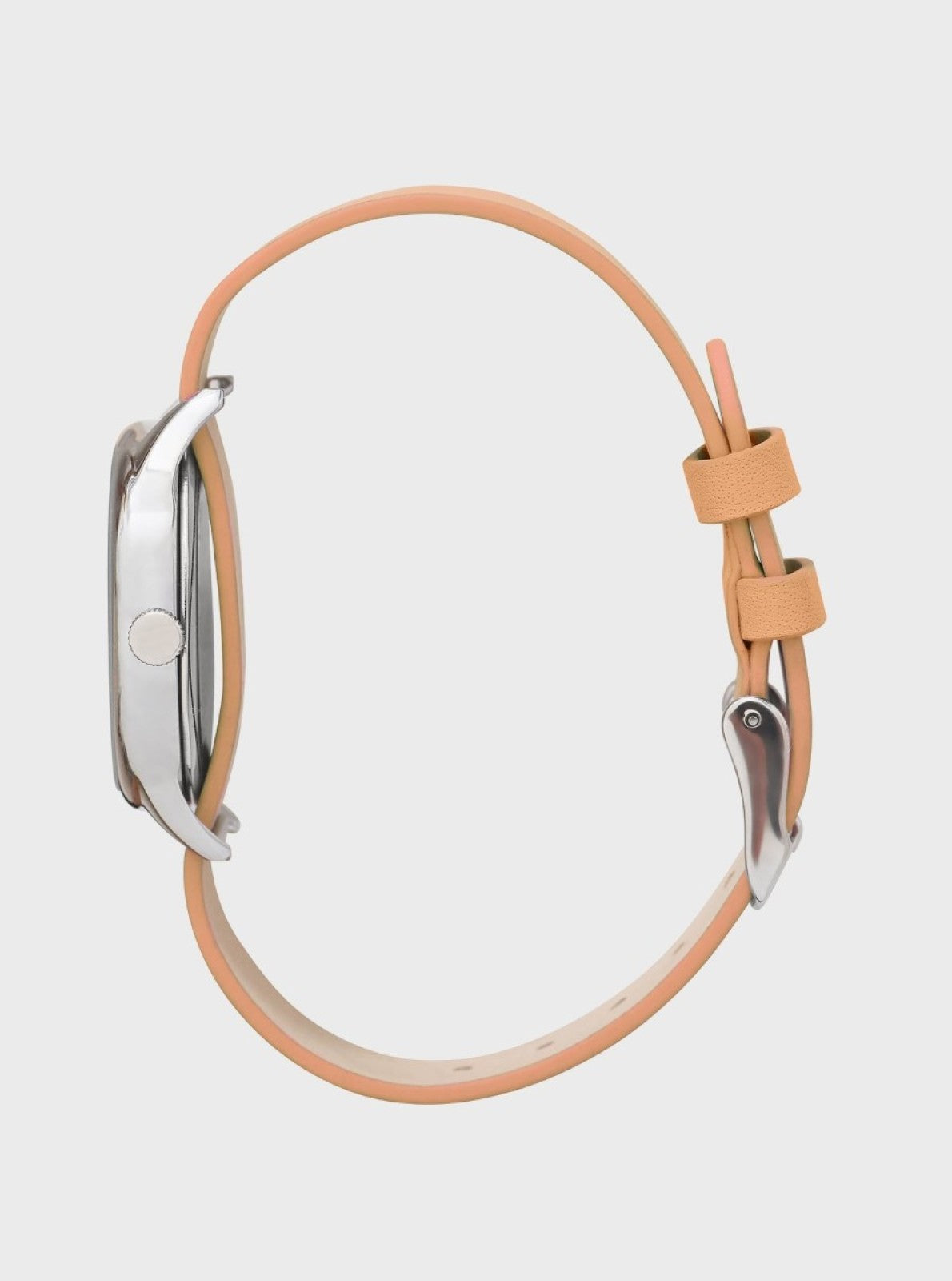 Image of Montre Colorama vue de côté, bracelet en cuir beige et boîtier argenté avec couronne.