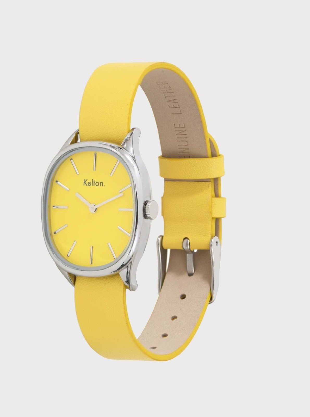 Image of Montre Colorama Jaune vue de côté : cadran jaune, boîtier argenté, boucle, bracelet jaune.