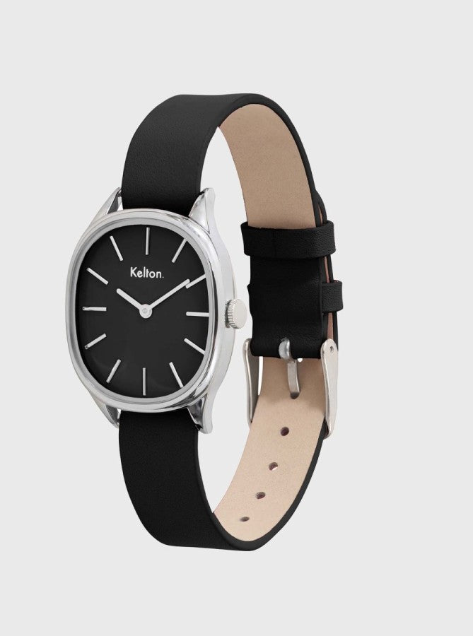 Image of Montre Colorama noire, bracelet en cuir noir avec doublure beige et boîtier argenté.