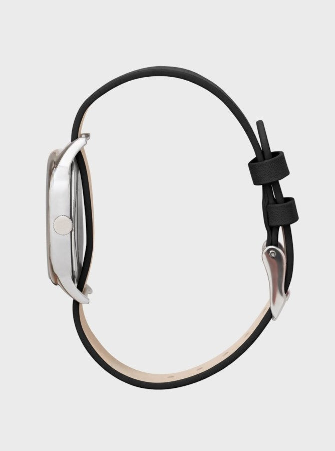 Image of Montre Colorama noire, profil du boîtier argenté et bracelet en cuir noir.