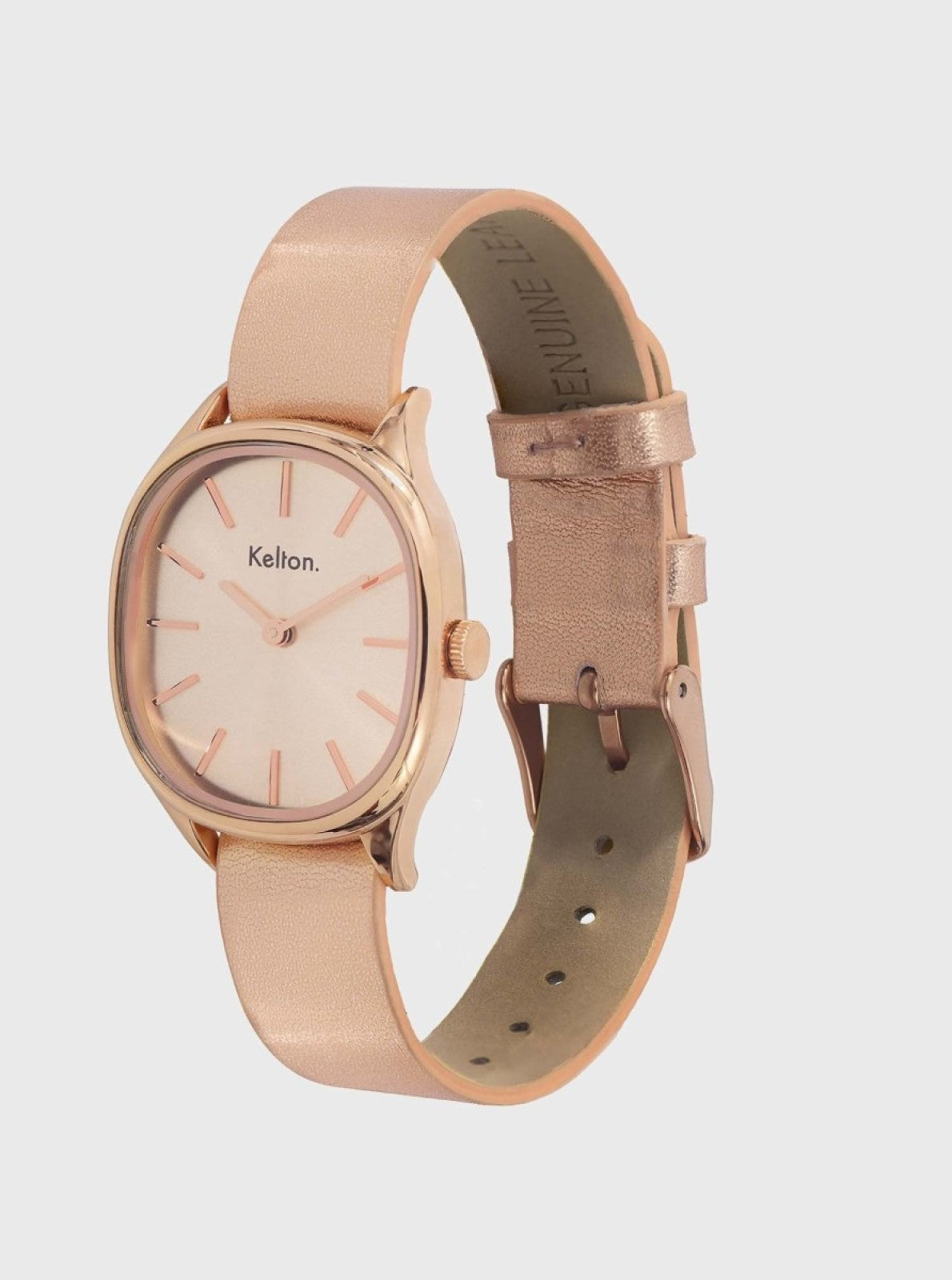 Image of Montre or rose avec bracelet en cuir beige, boucle et bouton latéral.