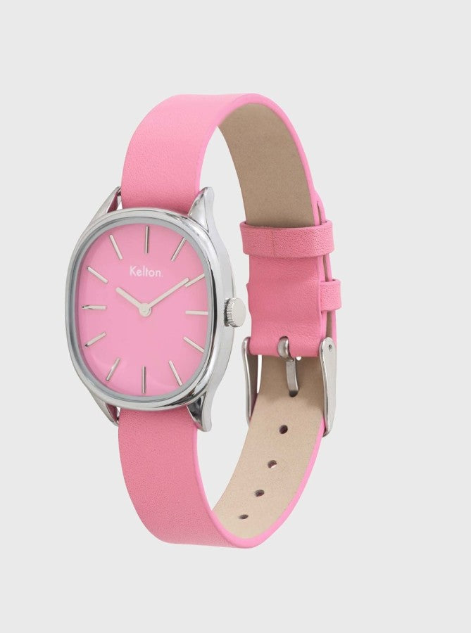Image of Montre avec bracelet rose à passant, cadran rose, boîtier argenté, logo Kelton.