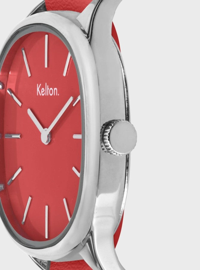 Image of Montre Kelton cadran rouge vue de côté, couronne et boîtier argenté