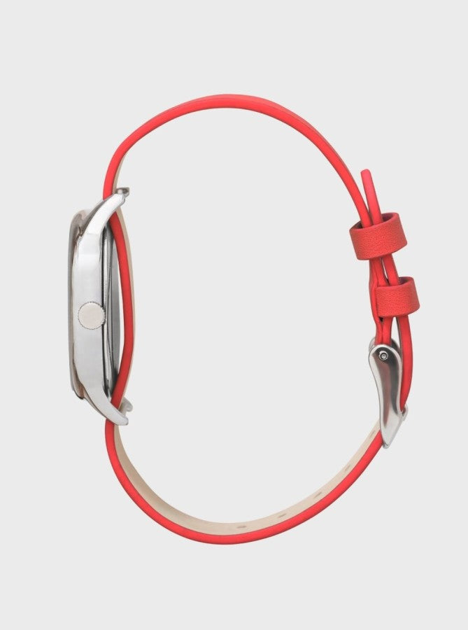 Image of Montre Kelton boîtier argenté et bracelet cuir rouge, vue arrière