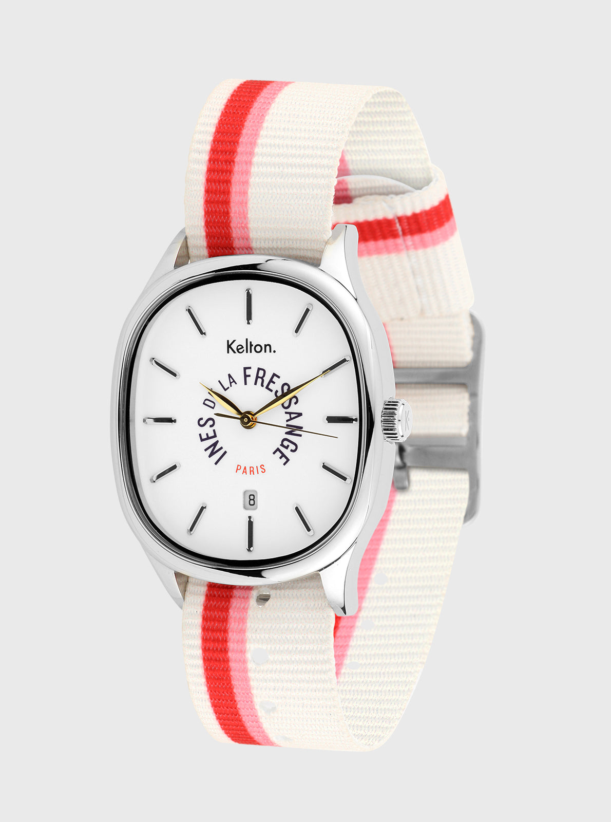 Image of Montre à cadran rond blanc avec boîtier argenté et bracelet rayé blanc/rouge