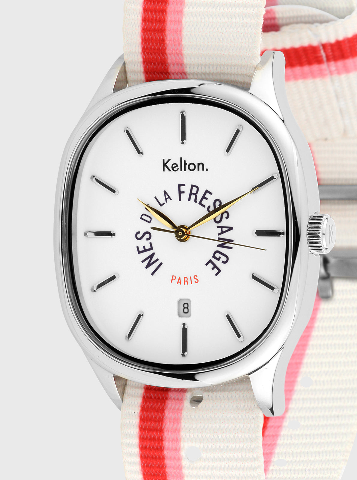 Image of Montre ronde blanche, aiguilles noires et dorées, bracelet rayé blanc et rouge