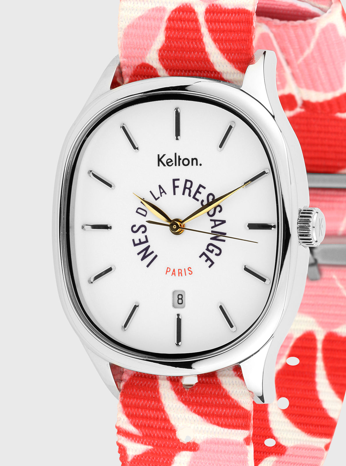 Image of Montre Kelton cadran blanc, aiguilles dorées, bracelet rose/rouge à motifs