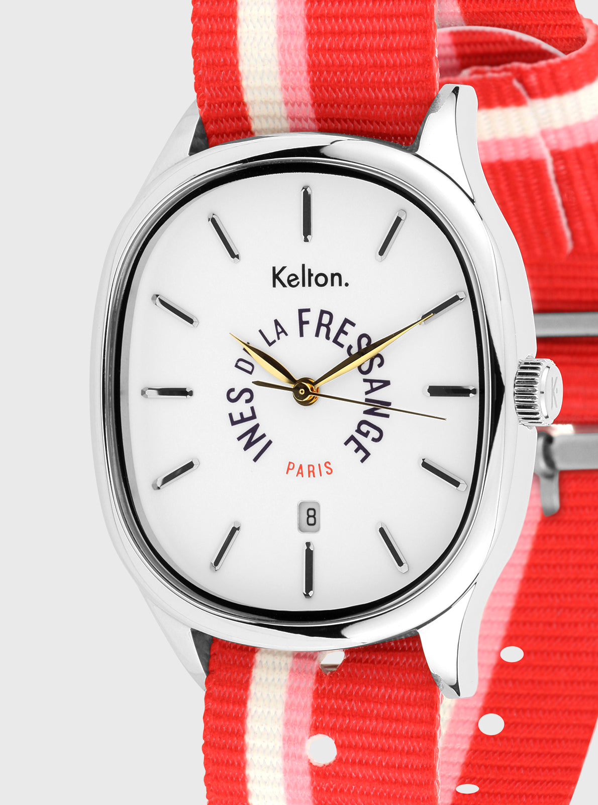 Image of Montre Kelton cadran blanc à index noirs et bracelet rouge rayé blanc