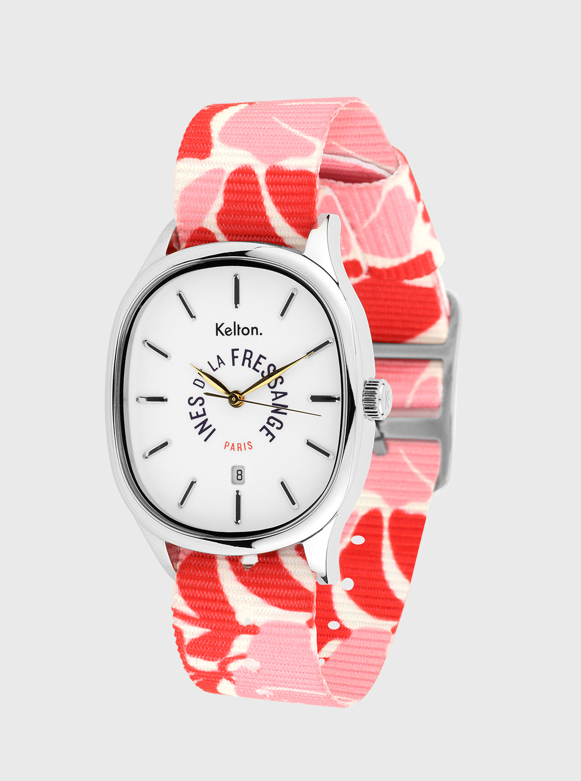 Image of Montre Kelton cadran blanc avec logo, bracelet rose/rouge à motifs floraux