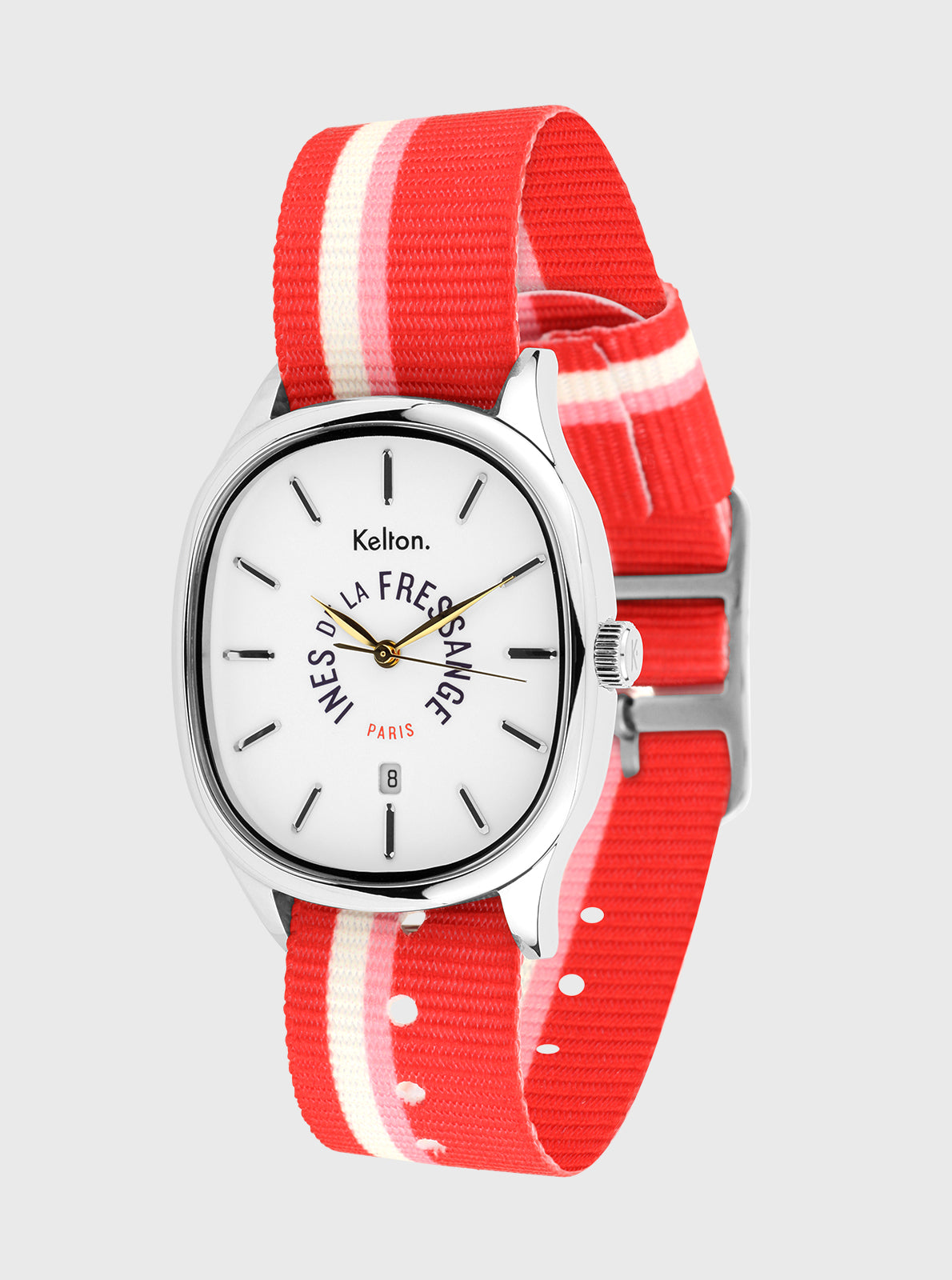 Image of Montre Kelton cadran blanc et bracelet rouge rayé blanc, vue 3/4