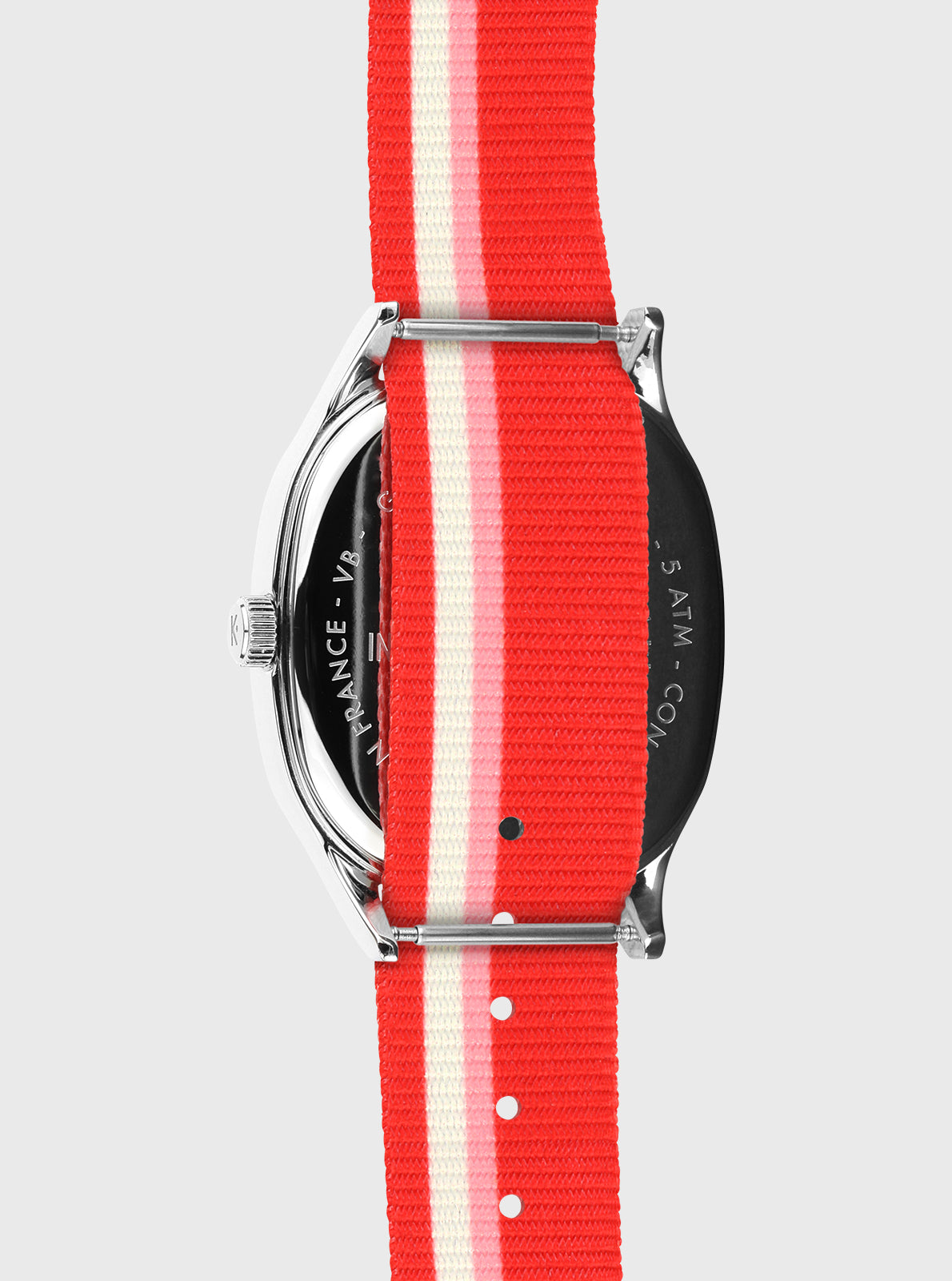 Image of Montre Kelton vue arrière sur bracelet rouge rayé blanc