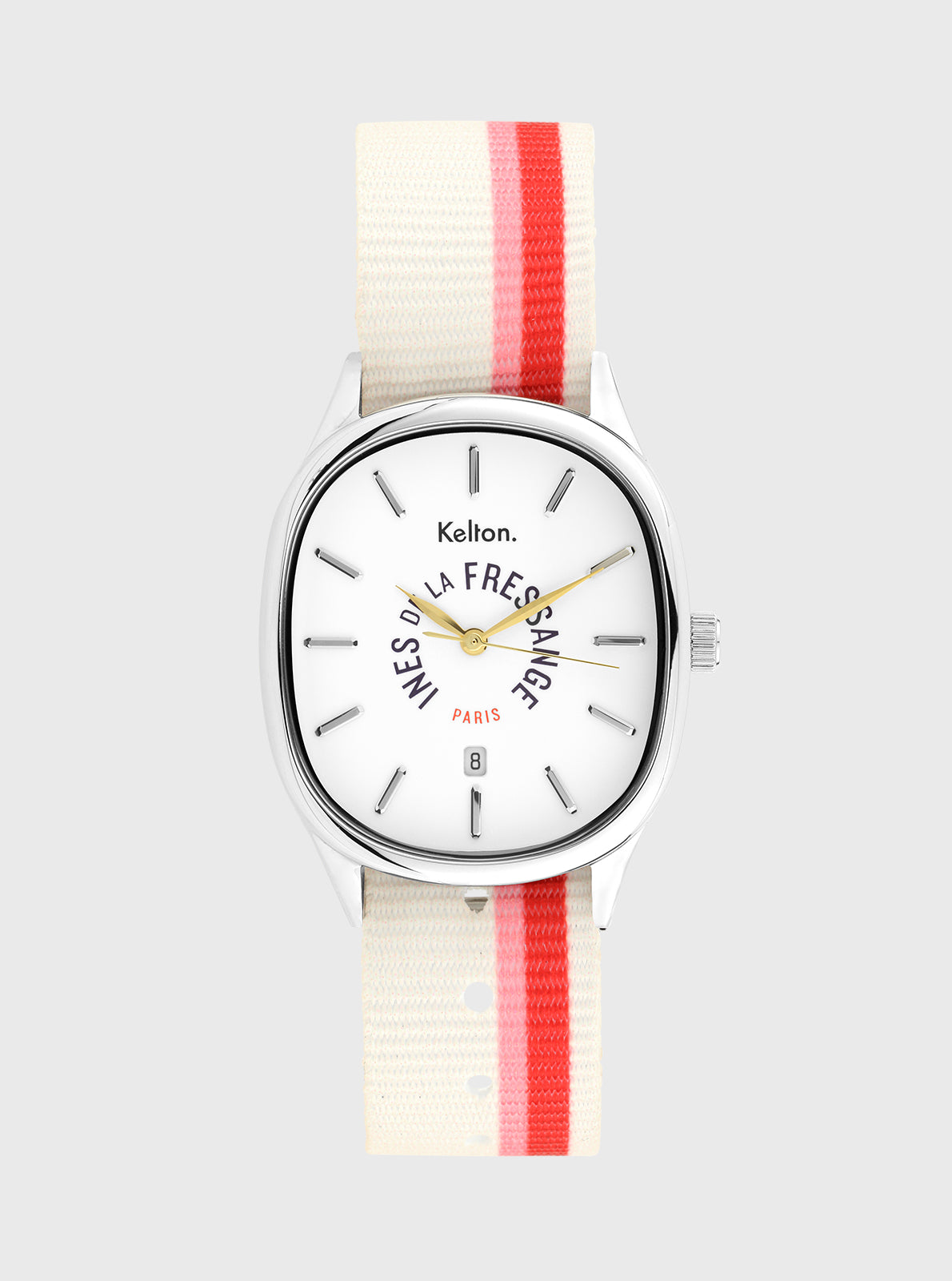 Image of Montre à cadran rond blanc, boîtier argenté, bracelet textile rayé blanc et rouge