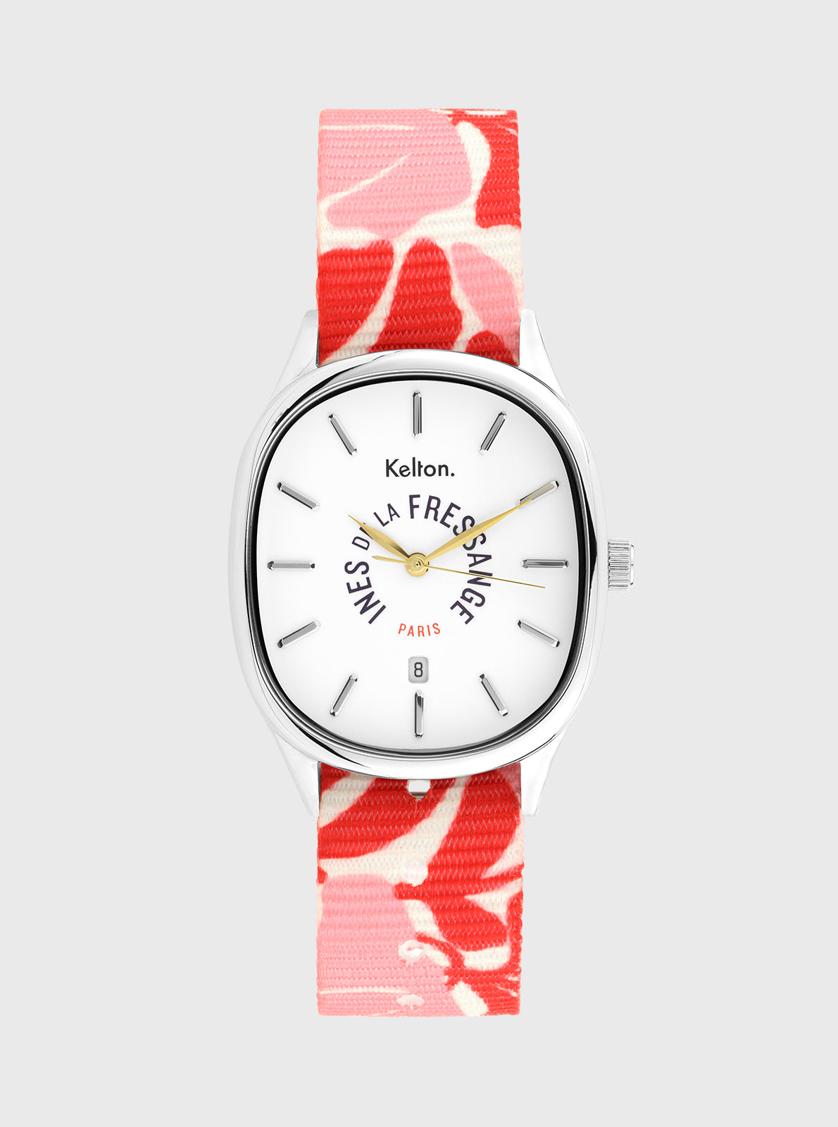 Image of Montre Kelton à cadran blanc et bracelet rose/rouge à motifs floraux