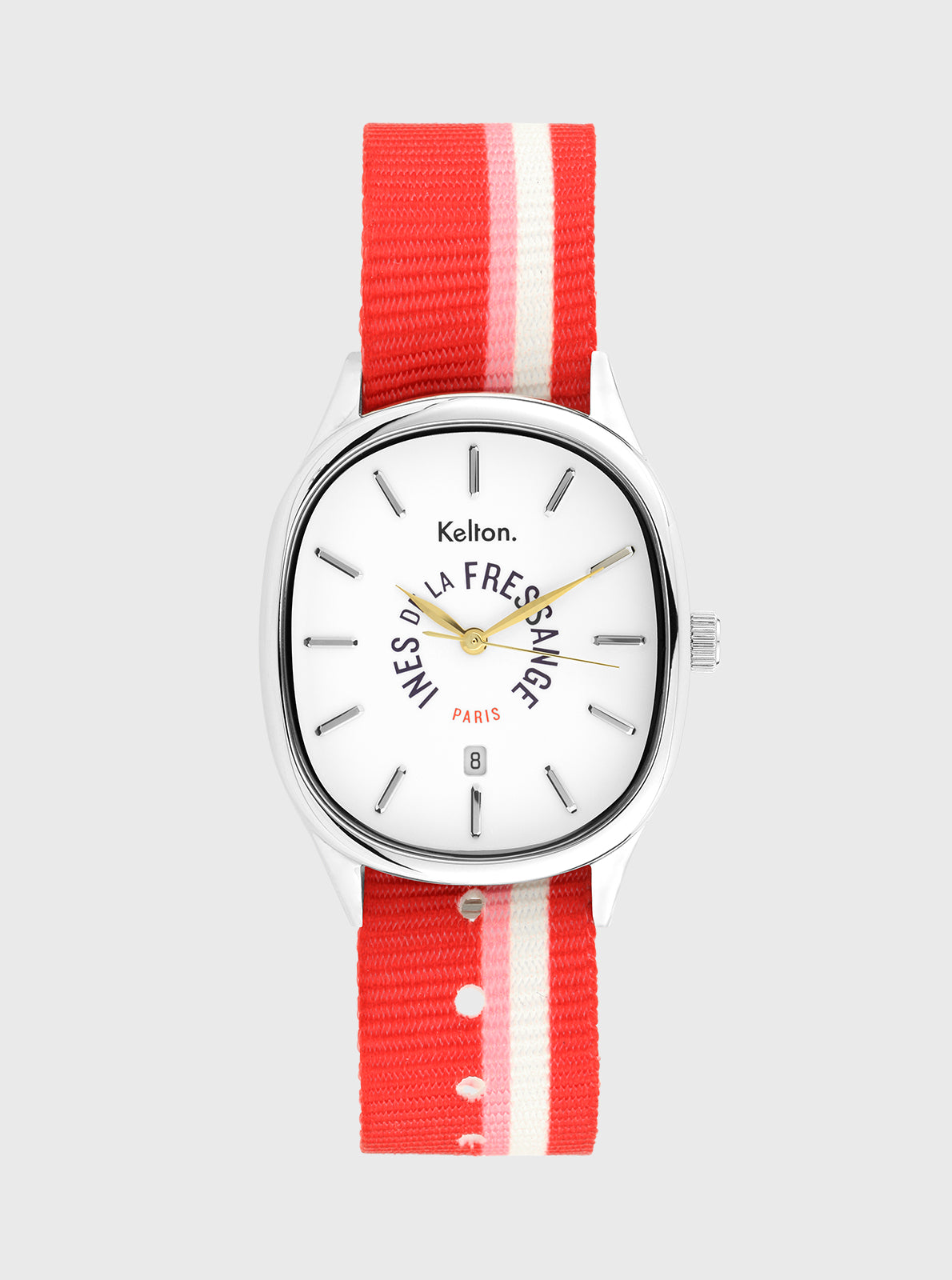 Image of Montre Kelton à cadran blanc et bracelet textile rouge à rayures blanches