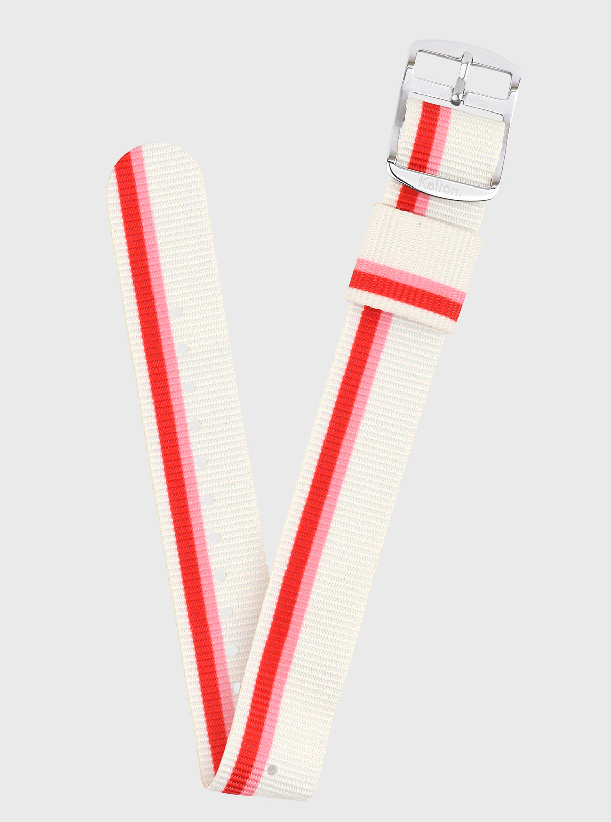 Image of Bracelet RPET 18 mm à rayures verticales rouge sur fond clair, boucle argentée.
