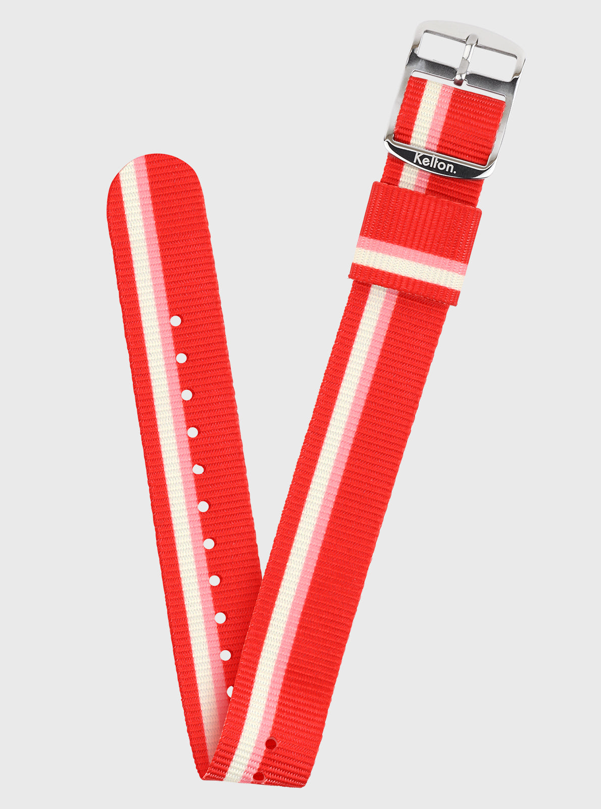 Image of Bracelet rPET 18 mm rayé rouge et blanc, avec boucle métallique