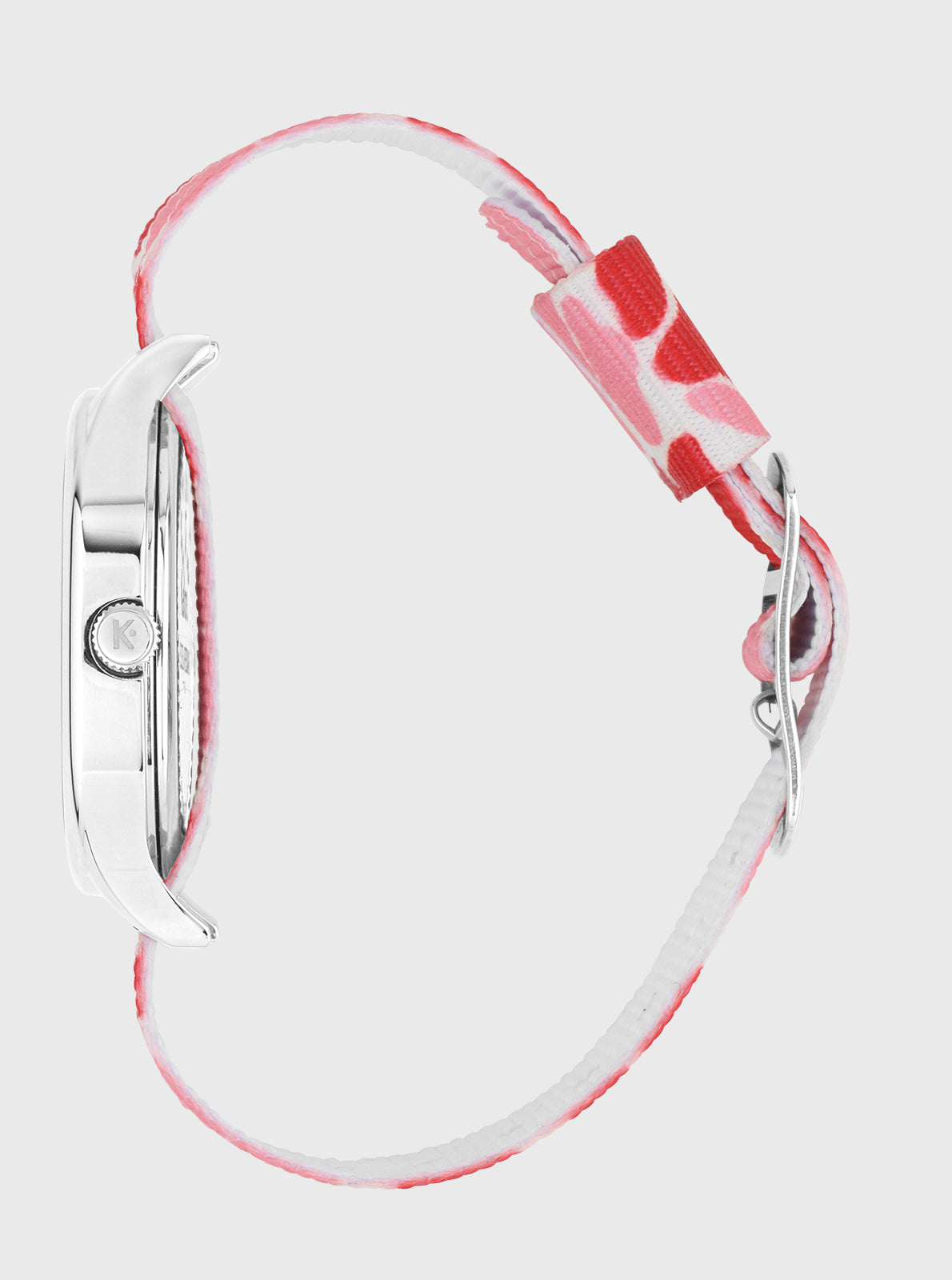 Image of Montre Kelton côté avec couronne, bracelet rose/rouge à motifs floraux