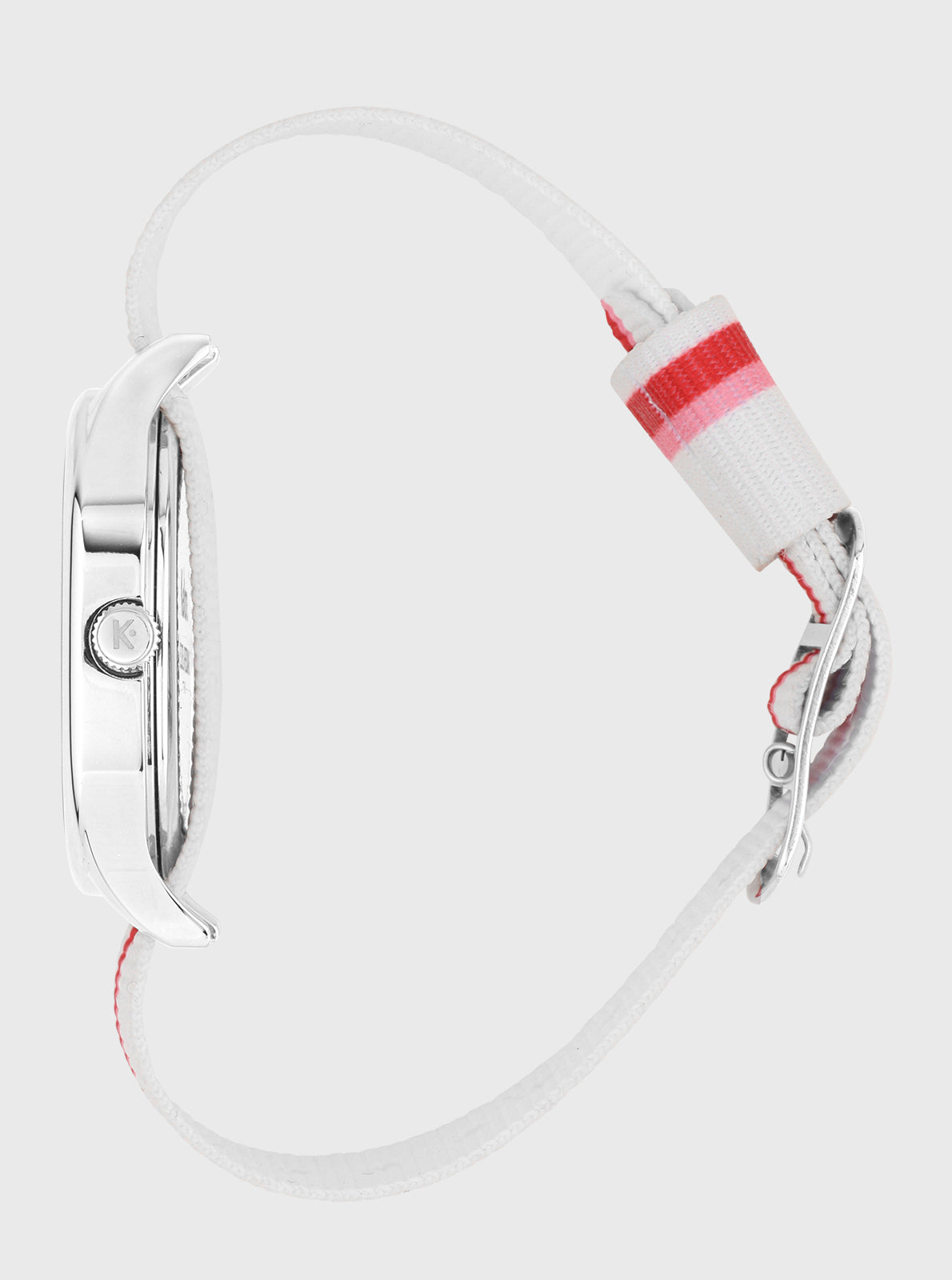 Image of Montre vue latérale : boîtier argenté, couronne et bracelet textile rayé blanc/rouge