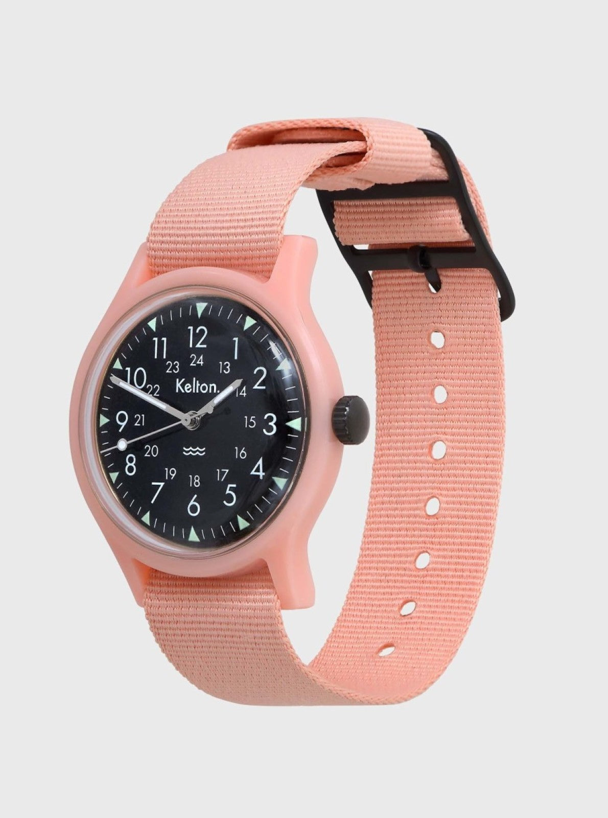Image of Montre mécanique ronde cadran noir, bracelet textile rose avec boucle et passants