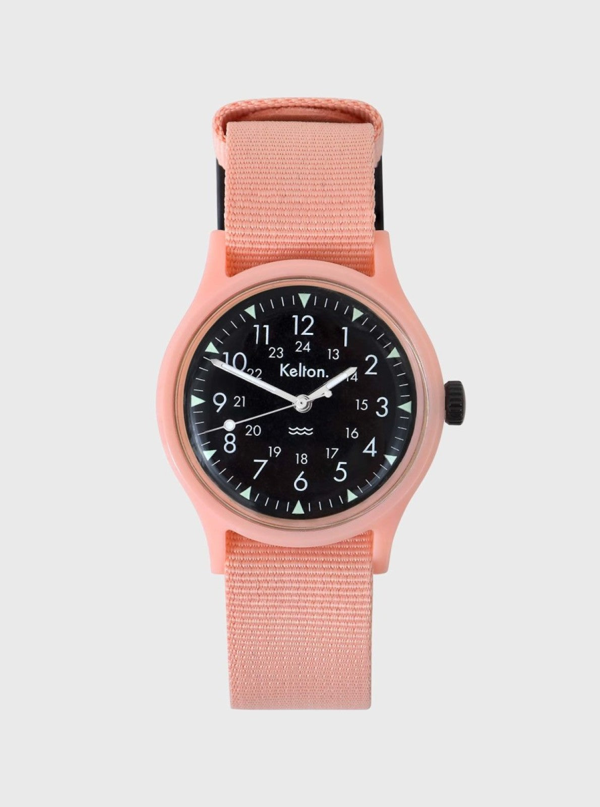Image of Montre mécanique à cadran noir et bracelet textile rose, cadran rond avec chiffres