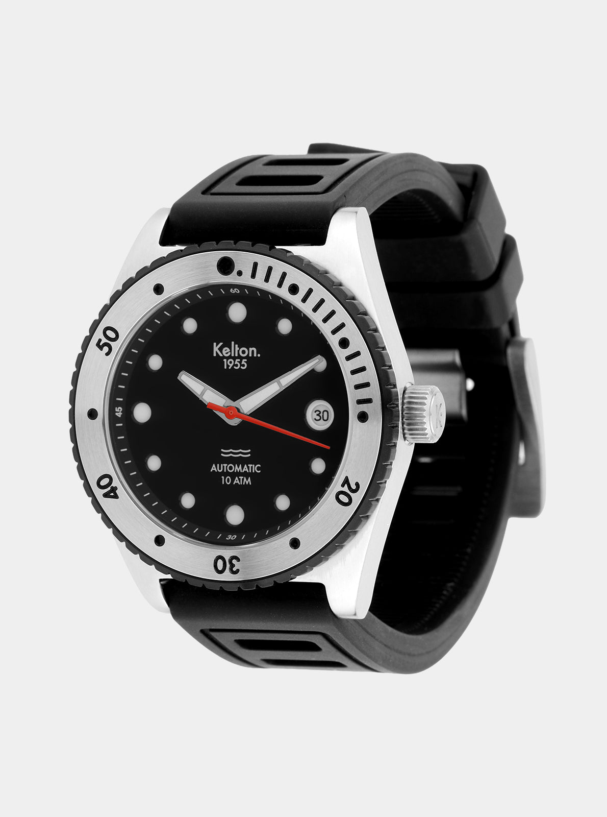 Image of Montre Kelton boîtier argent et bracelet noir, lunette noire et index blancs
