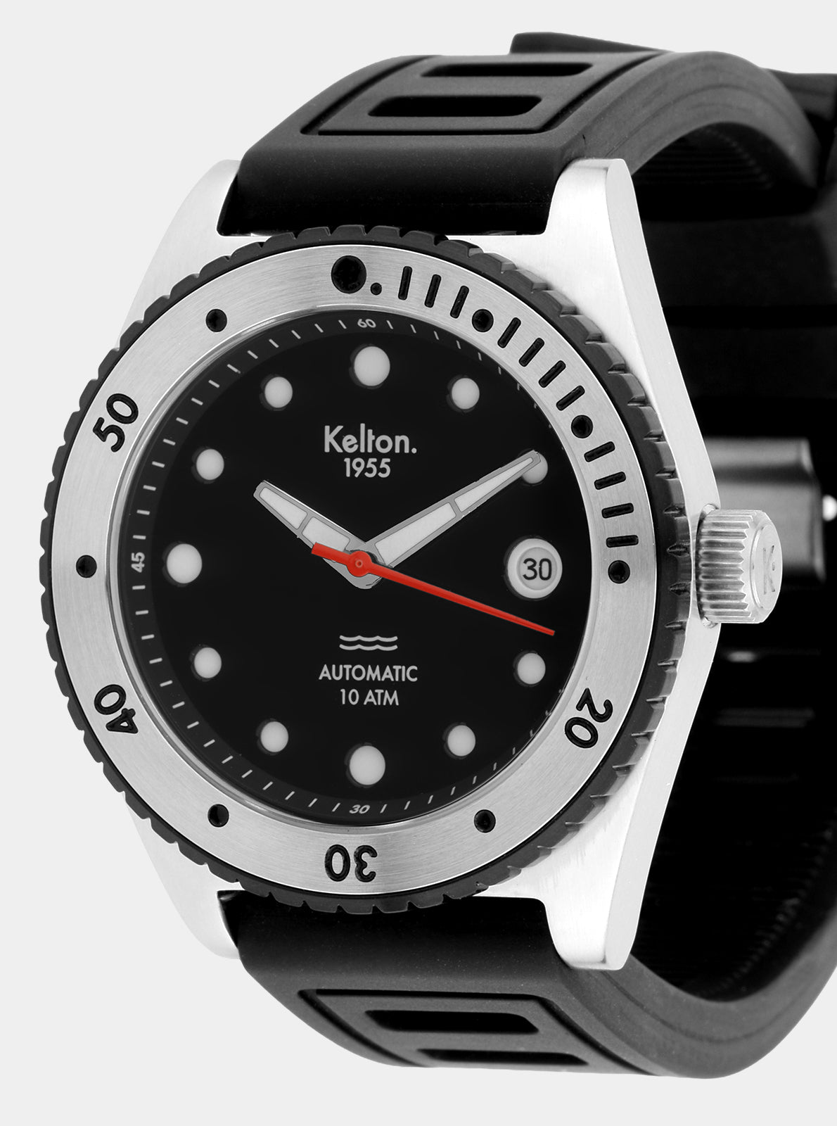 Image of Montre Kelton à cadran noir, boîtier argent, date à 30, aiguilles rouges et blanches