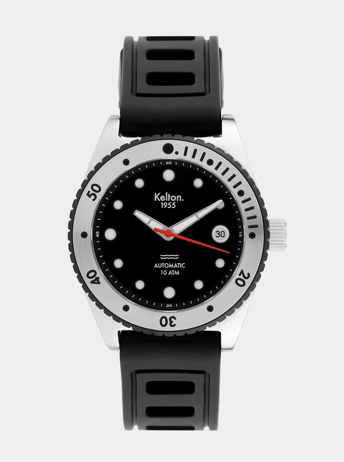 Image of Montre Kelton automatique 10 ATM, boîtier argent et bracelet noir, cadran noir à date