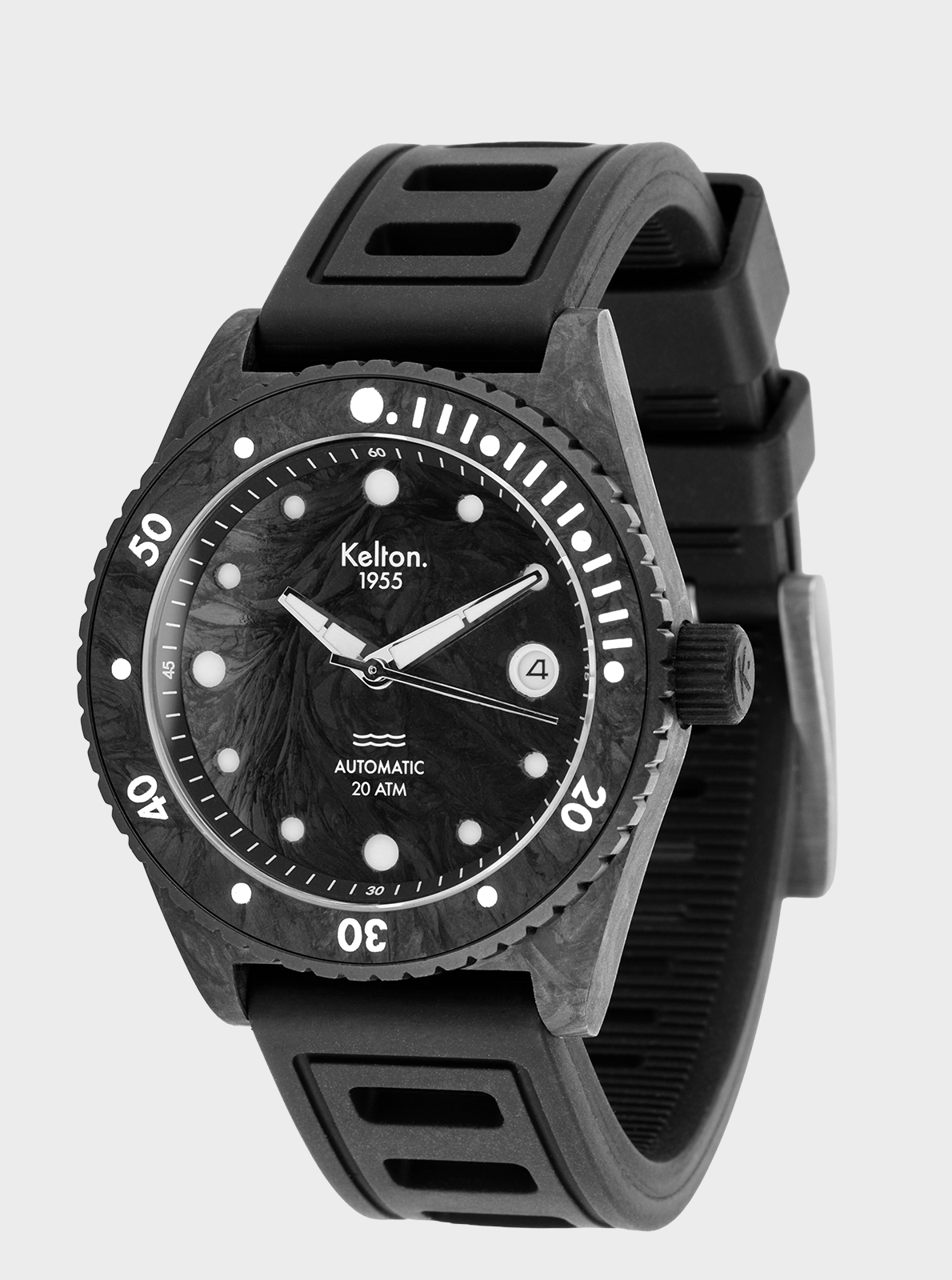Image of Montre de plongée noire Kelton 1955 avec couronne latérale et bracelet caoutchouc