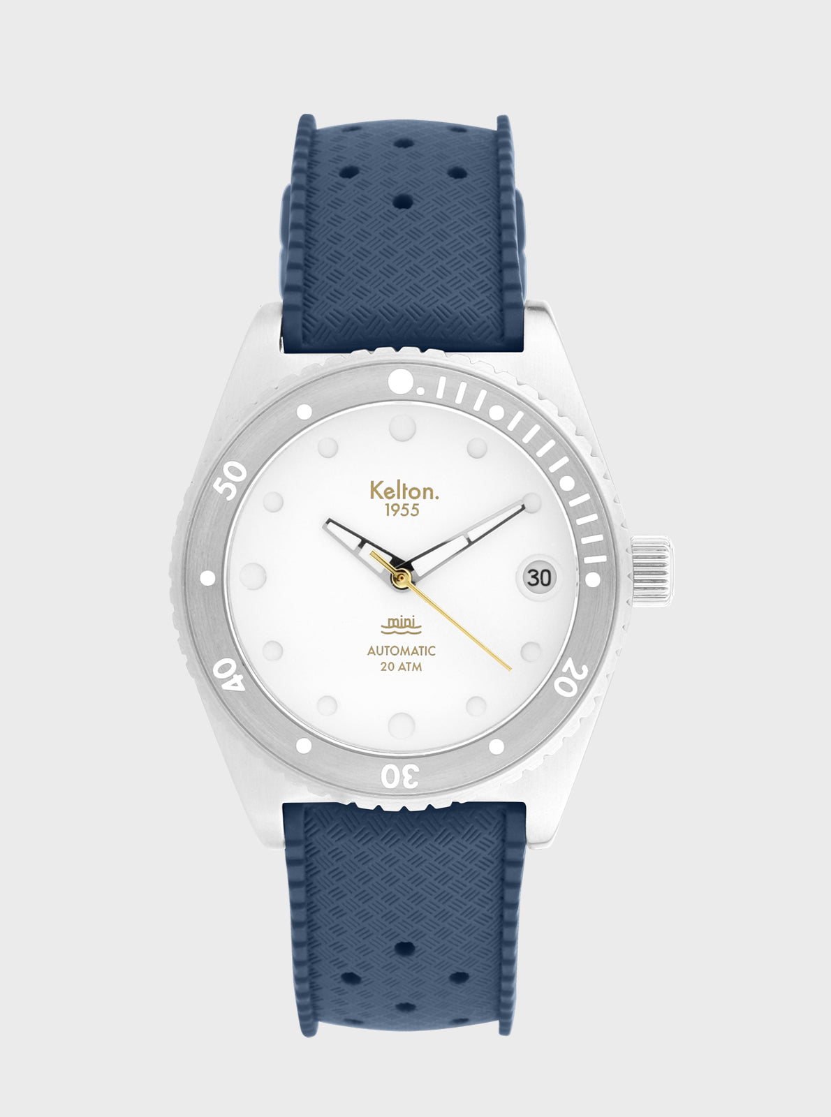Image of Montre de plongée Kelton Mini Tropic, cadran blanc, bracelet bleu marine perforé