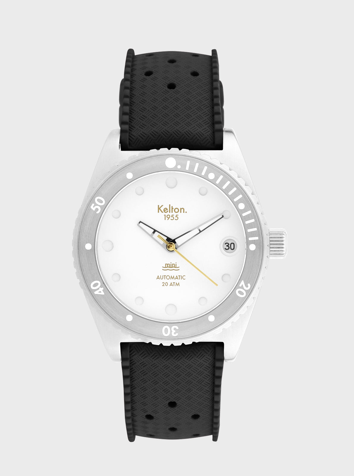 Image of Montre de plongée Kelton Mini Tropic, cadran blanc, bracelet noir perforé