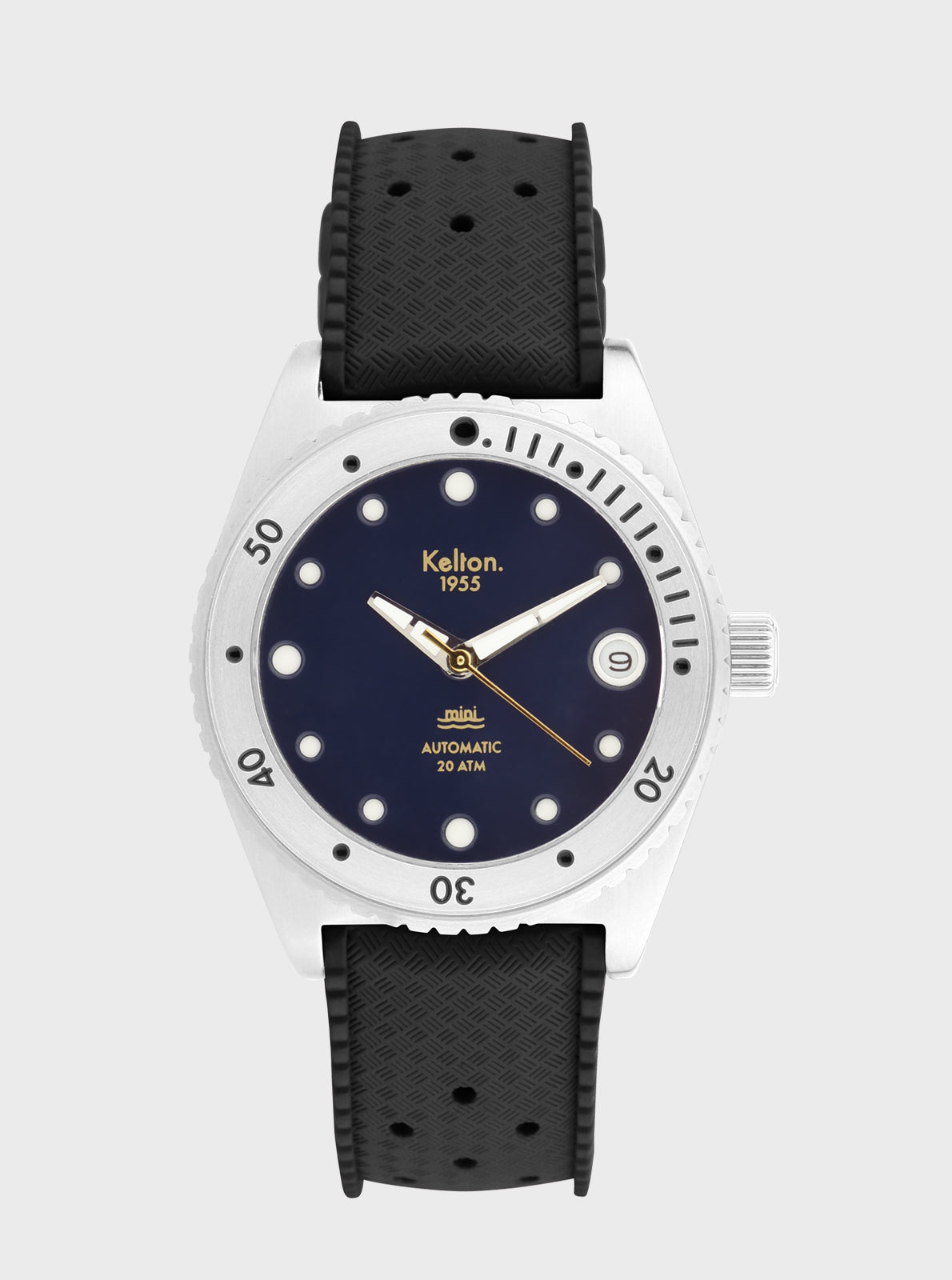 Image of Montre de plongée cadran bleu marine, bracelet noir texturé à trous, lunette crantée