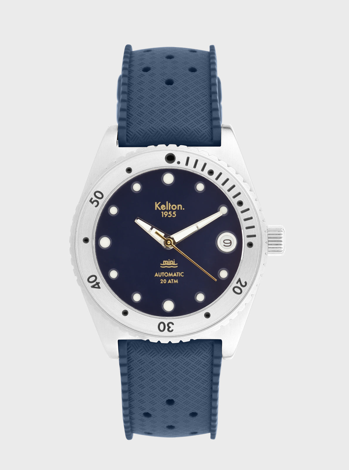 Image of Montre de plongée cadran bleu marine, bracelet bleu nuit à motifs, lunette avec repères