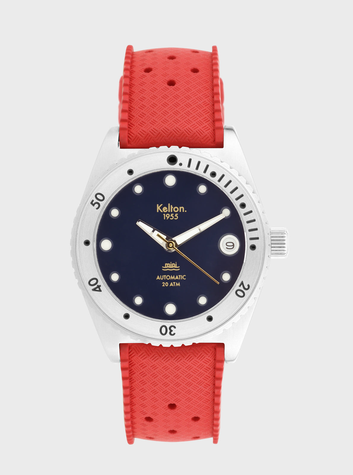Image of Montre de plongée cadran bleu marine, bracelet rouge texturé à trous, lunette crantée