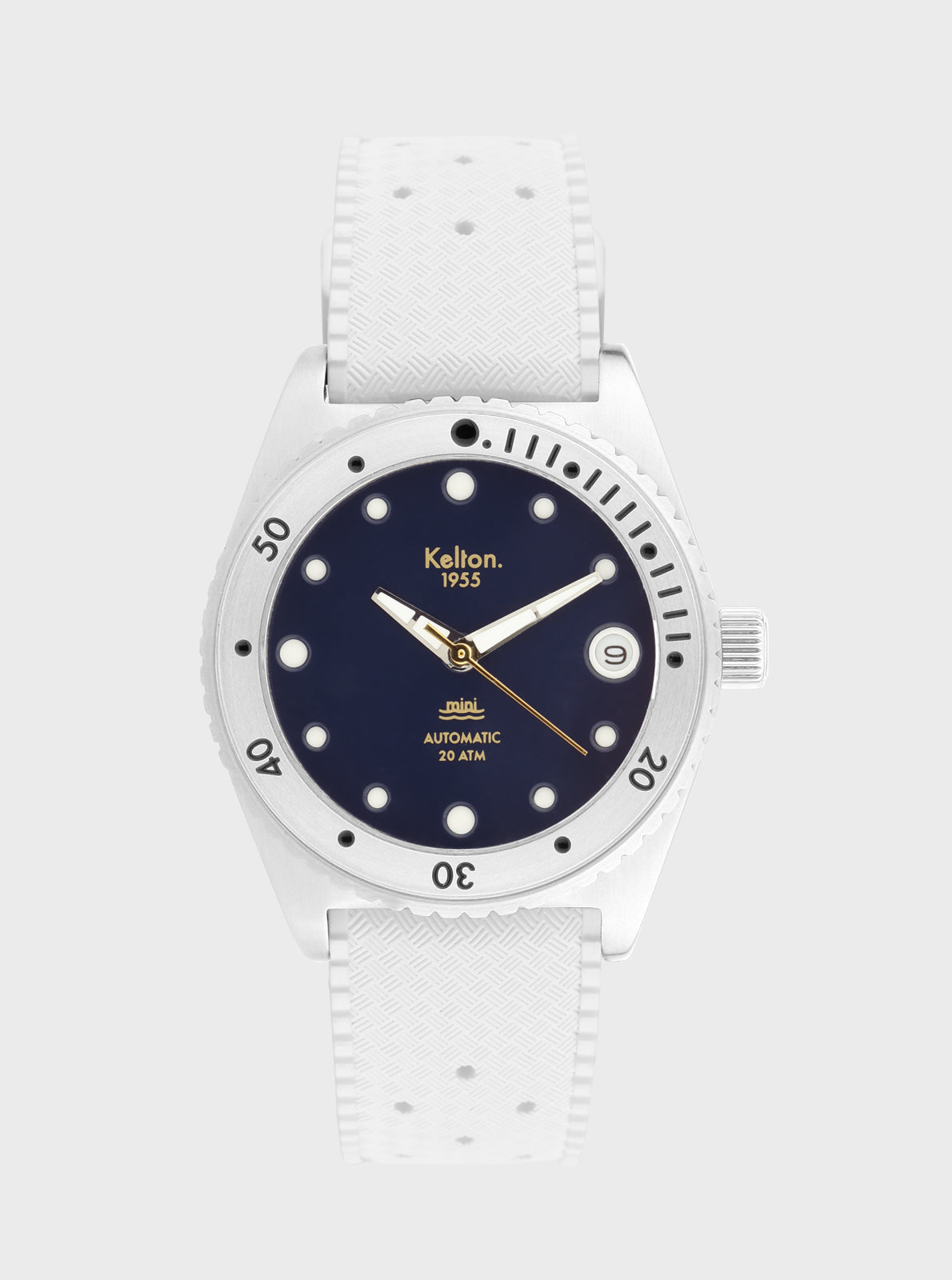 Image of Montre de plongée cadran bleu marine et bracelet blanc, repères lumineux et index ronds