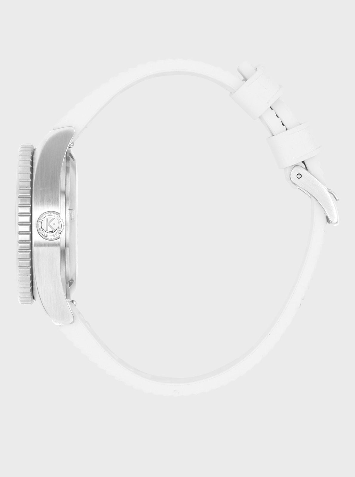 Image of Montre de plongée bracelet blanc et boîtier argent, vue de profil avec couronne latérale