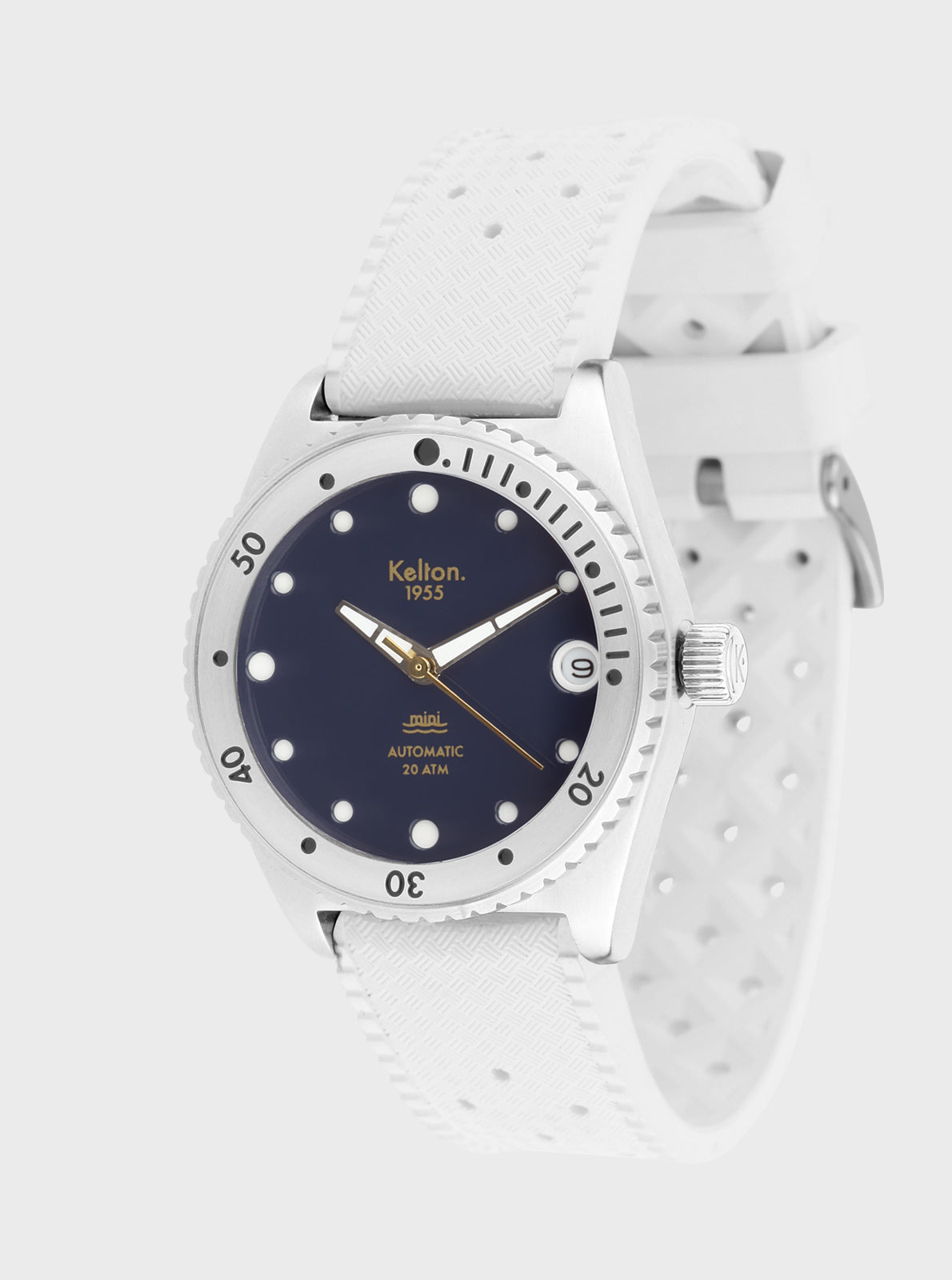 Image of Montre de plongée cadran bleu marine avec bracelet blanc, vue en perspective côté couronne