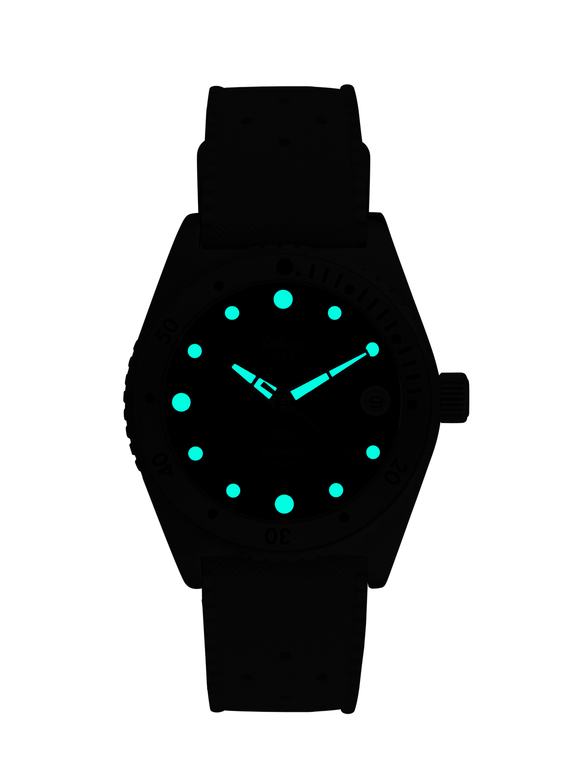 Image of Montre de plongée noire à cadran sombre, index et aiguilles turquoise luminescents