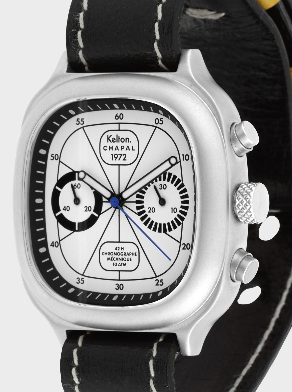 Image of Montre chronographe Kelton Chapal 1972, cadran noir et blanc, bracelet cuir noir