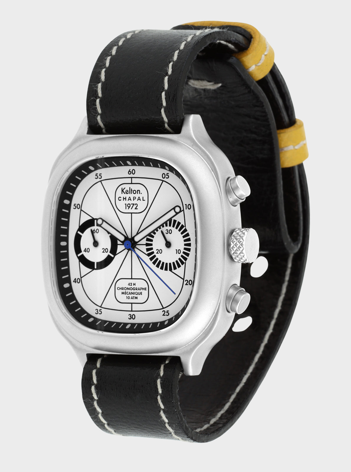 Image of Montre chronographe Kelton Chapal 1972, bracelet cuir noir avec accents jaune, cadran noir